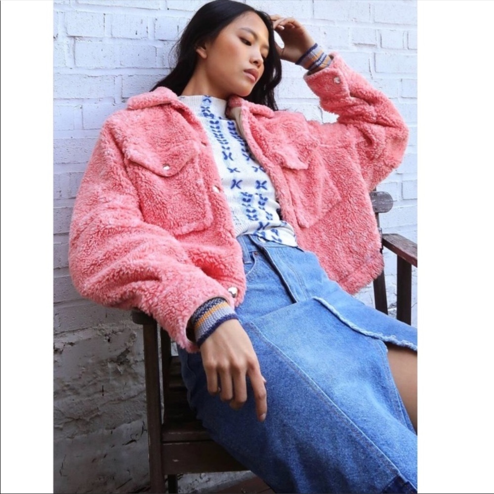 NWT Free People Pink Teddy Cropped Jacket Size XS